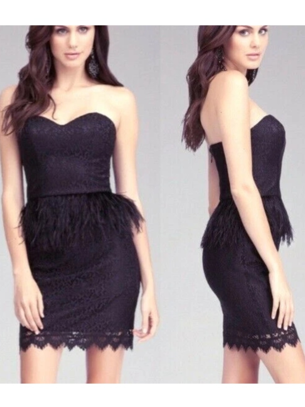 New bebe black lace strapless feather peplum sexy bustier top dress XS 2